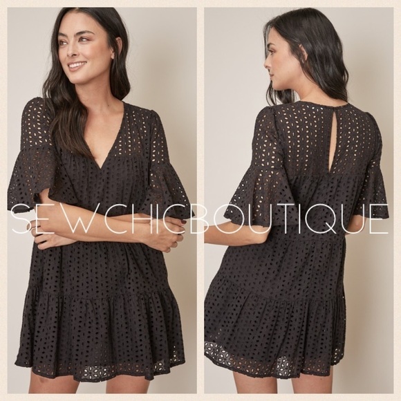 Black Mini Woven Eyelet Mini Ruffle Dress - Picture 3 of 5